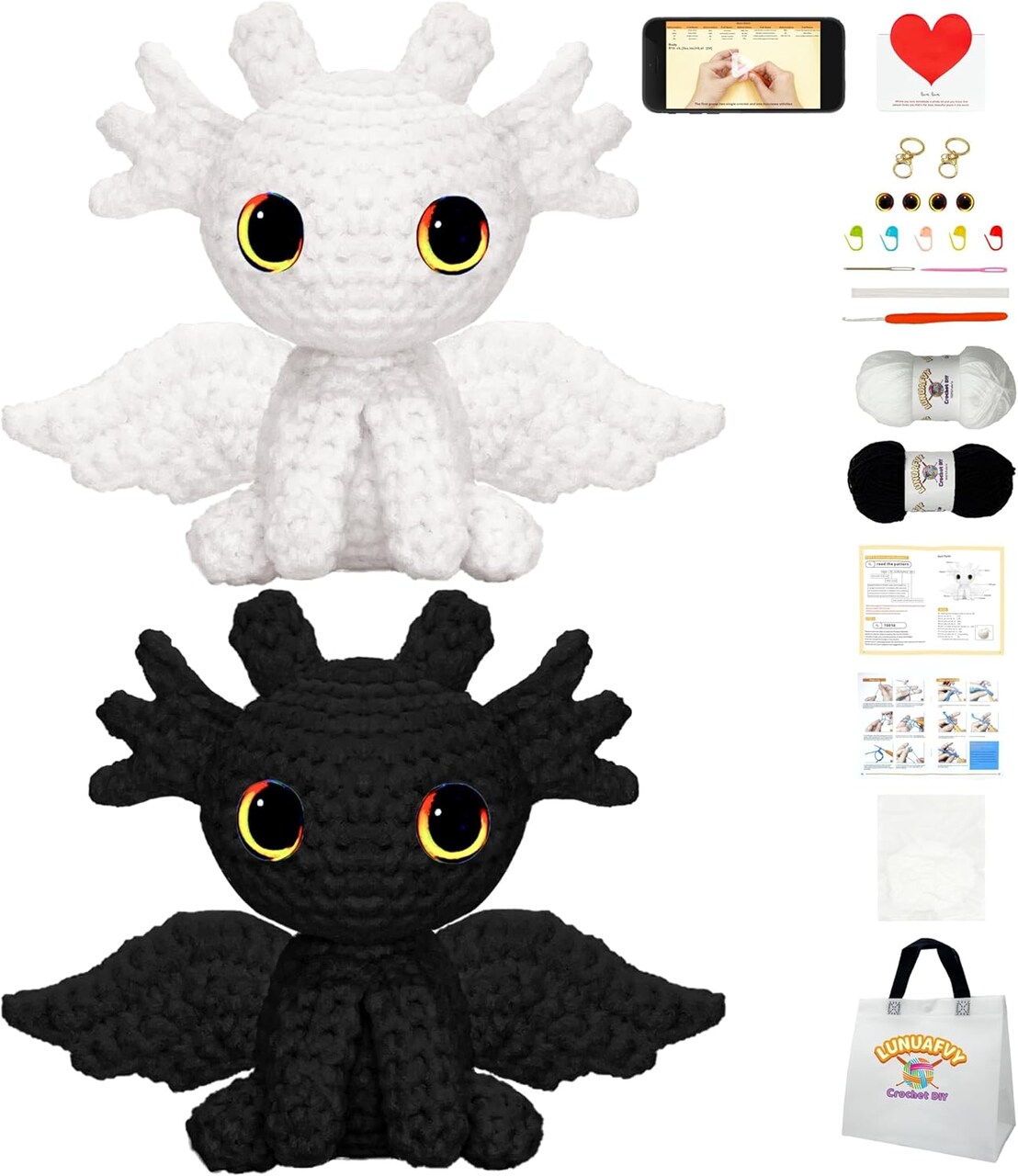 Crochet Kit for Beginners Adults & 12+ Kids–Complete Starter Kit to Make 2 Amigurumi Dragons,Left/Right-Handed 2hr Video Tutorial,3-Way Printed Patterns,Gift & Storage Bags